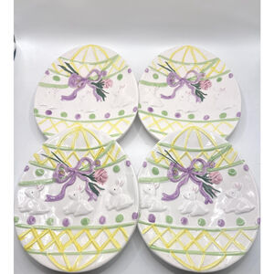 Easter Egg Shaped Plates Yellow Green Purple Pink Flower Bunnies Ribbon Set of 4